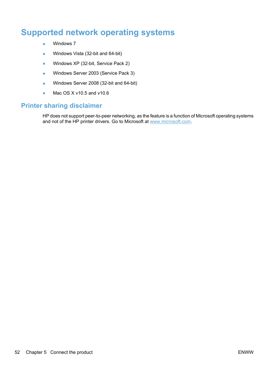 Supported network operating systems, Printer sharing disclaimer | HP LaserJet Pro CM1415fnw Color Multifunction Printer User Manual | Page 68 / 308