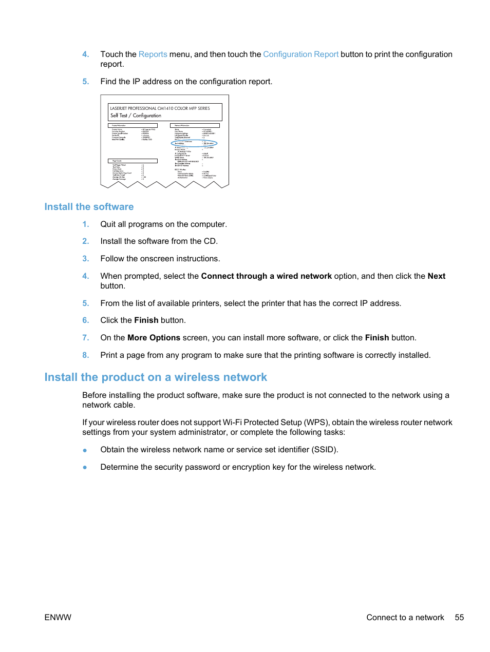 Install the software, Install the product on a wireless network | HP LaserJet Pro CM1415fnw Color Multifunction Printer User Manual | Page 71 / 308