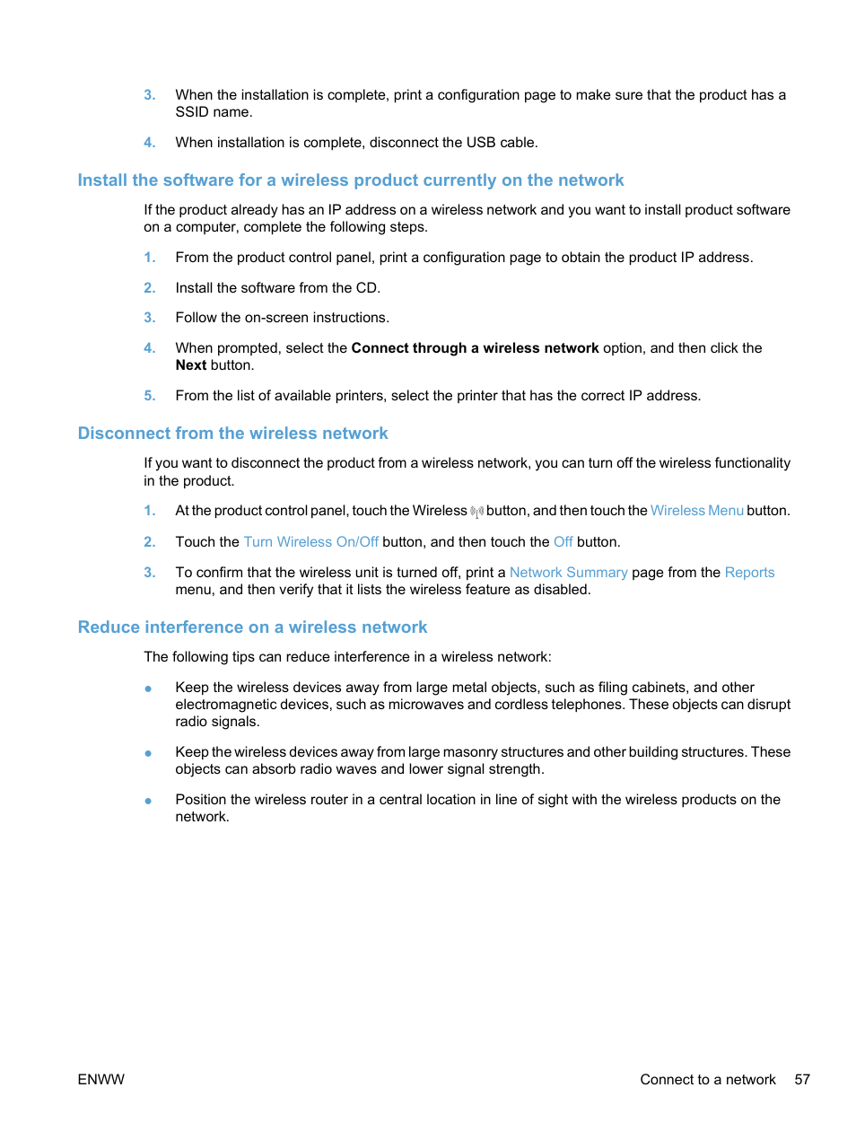 Disconnect from the wireless network, Reduce interference on a wireless network | HP LaserJet Pro CM1415fnw Color Multifunction Printer User Manual | Page 73 / 308