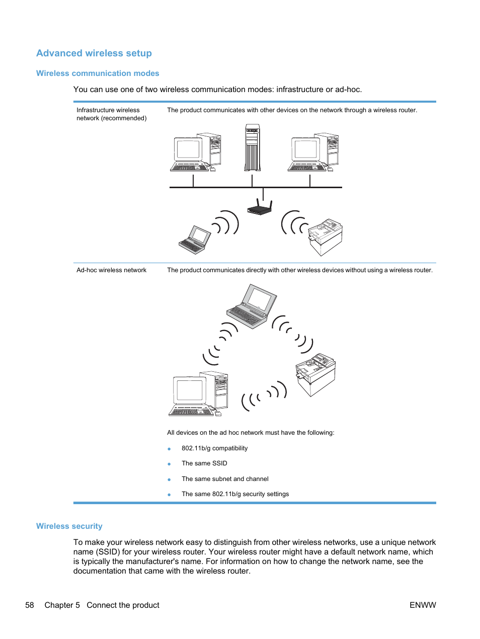 Advanced wireless setup, Wireless communication modes, Wireless security | HP LaserJet Pro CM1415fnw Color Multifunction Printer User Manual | Page 74 / 308