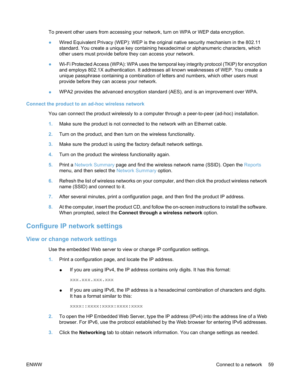 Connect the product to an ad-hoc wireless network, Configure ip network settings, View or change network settings | HP LaserJet Pro CM1415fnw Color Multifunction Printer User Manual | Page 75 / 308