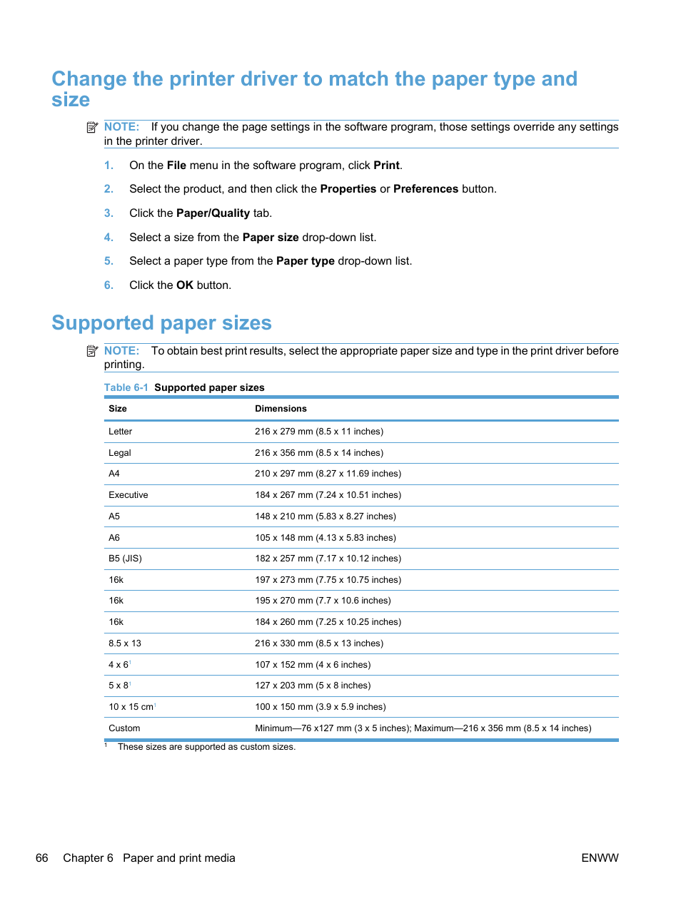 Supported paper sizes | HP LaserJet Pro CM1415fnw Color Multifunction Printer User Manual | Page 82 / 308