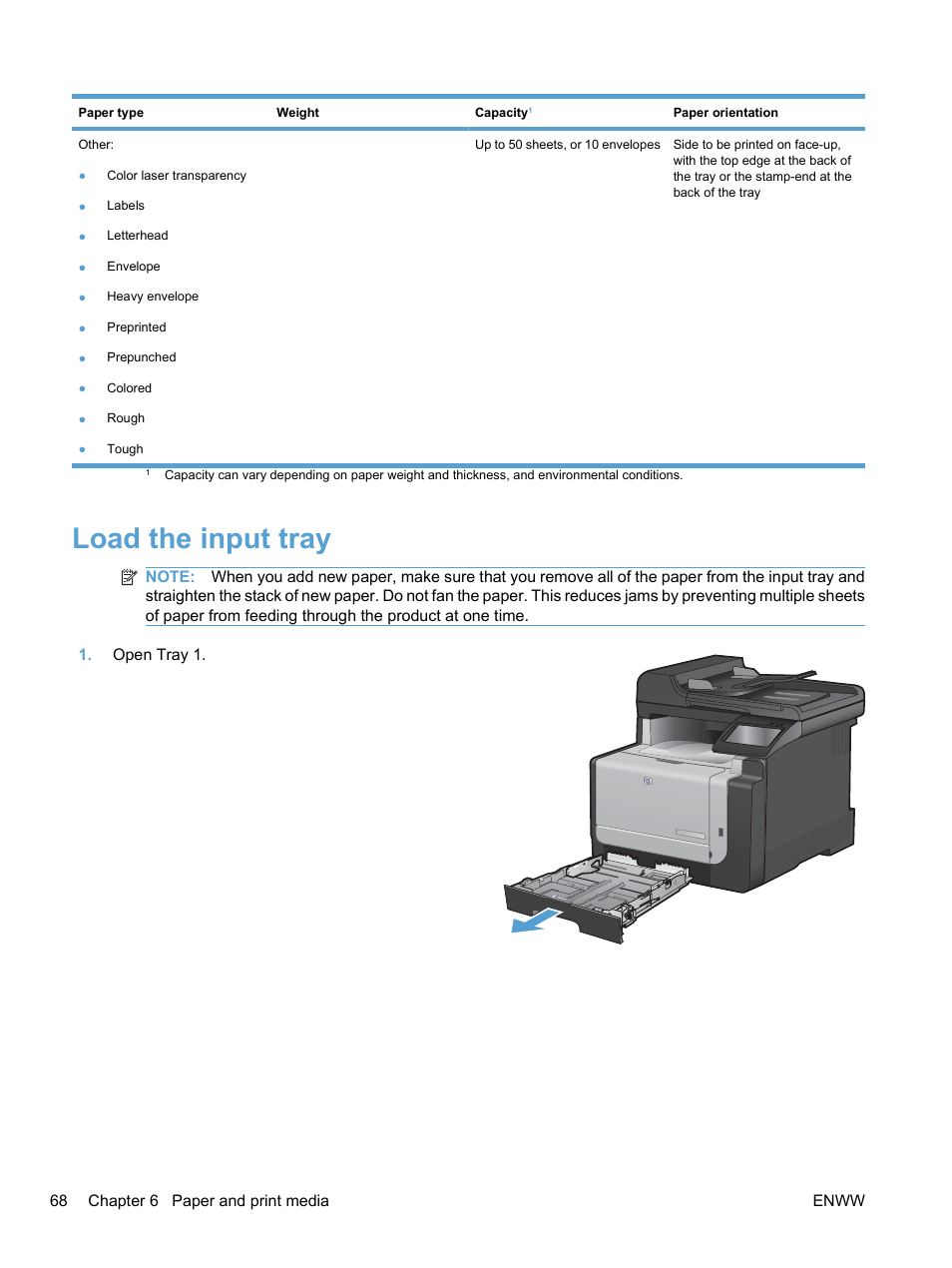 Load the input tray | HP LaserJet Pro CM1415fnw Color Multifunction Printer User Manual | Page 84 / 308
