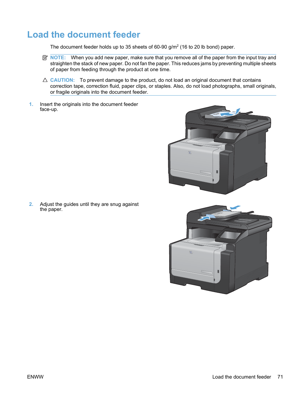 Load the document feeder | HP LaserJet Pro CM1415fnw Color Multifunction Printer User Manual | Page 87 / 308