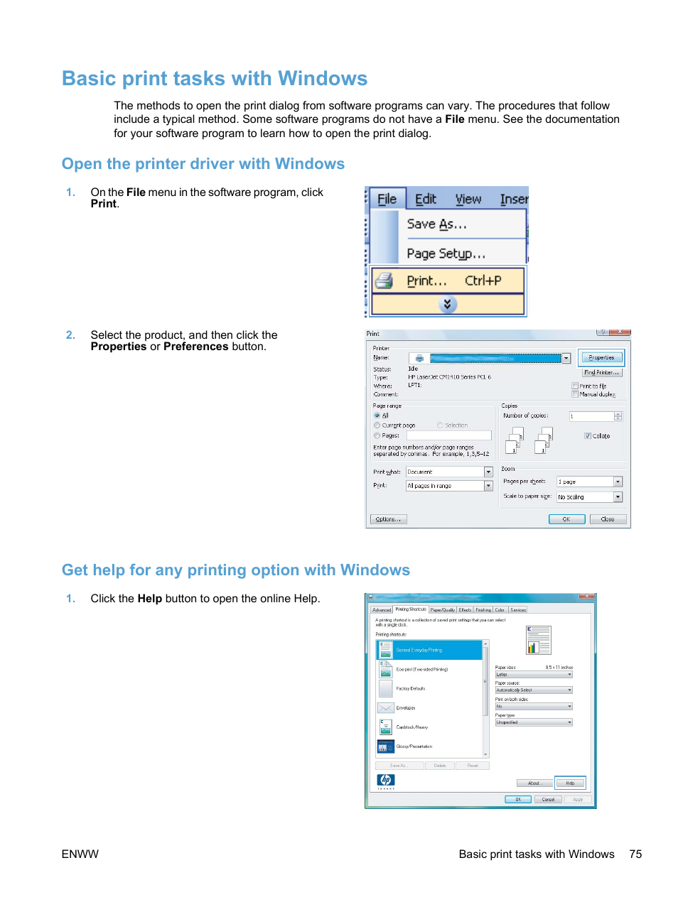Basic print tasks with windows, Open the printer driver with windows, Get help for any printing option with windows | HP LaserJet Pro CM1415fnw Color Multifunction Printer User Manual | Page 91 / 308