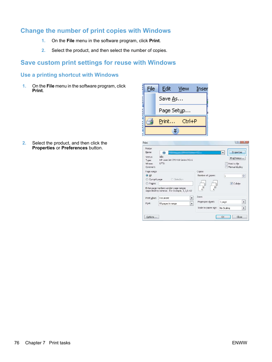 Change the number of print copies with windows, Save custom print settings for reuse with windows, Use a printing shortcut with windows | HP LaserJet Pro CM1415fnw Color Multifunction Printer User Manual | Page 92 / 308