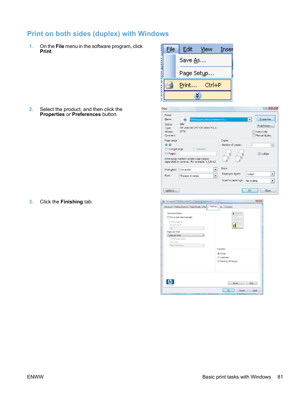 Print on both sides (duplex) with windows | HP LaserJet Pro CM1415fnw Color Multifunction Printer User Manual | Page 97 / 308
