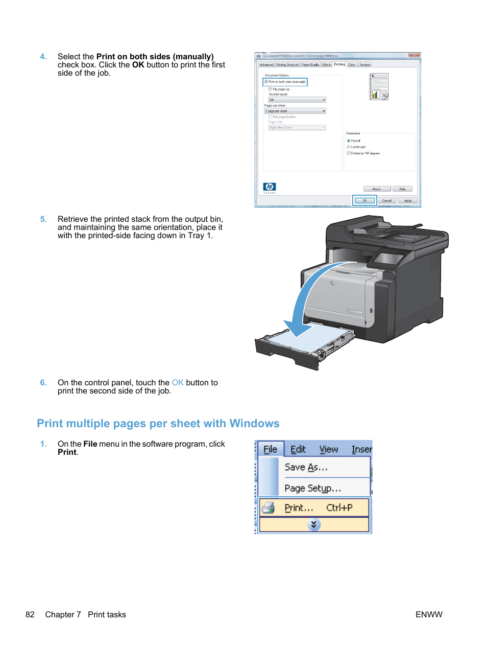 Print multiple pages per sheet with windows | HP LaserJet Pro CM1415fnw Color Multifunction Printer User Manual | Page 98 / 308