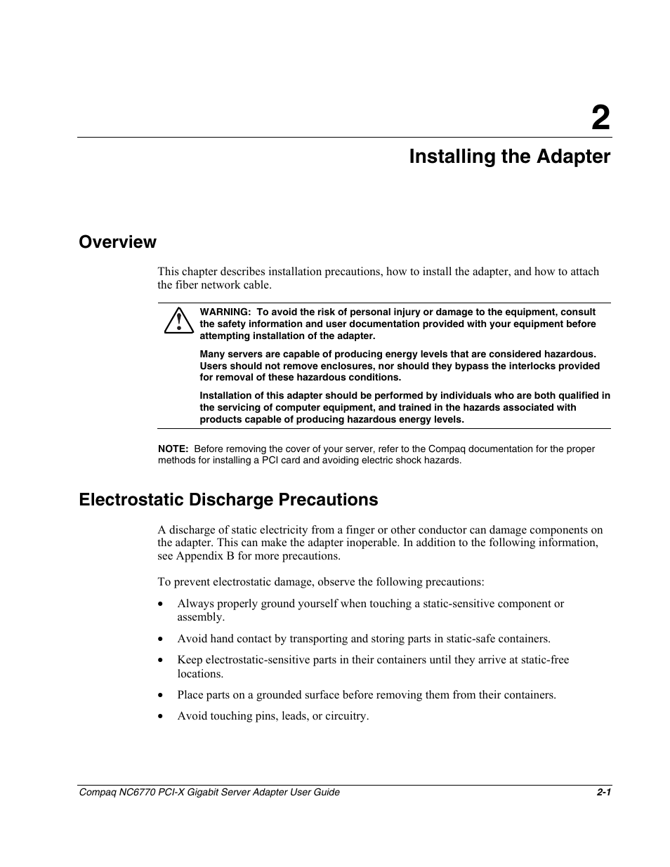 Chapter 2: installing the adapter, Overview, Electrostatic discharge precautions | Chapter 2, Installing the adapter, Overview -1 electrostatic discharge precautions -1 | HP NC6770 PCI-X 1000-SX Server Adapter User Manual | Page 10 / 16