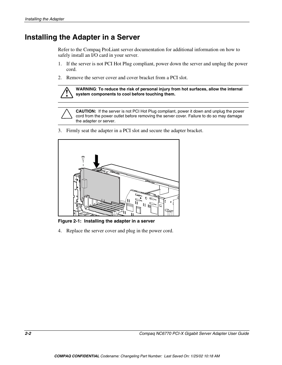 Installing the adapter in a server, Installing the adapter in a server -2 | HP NC6770 PCI-X 1000-SX Server Adapter User Manual | Page 11 / 16
