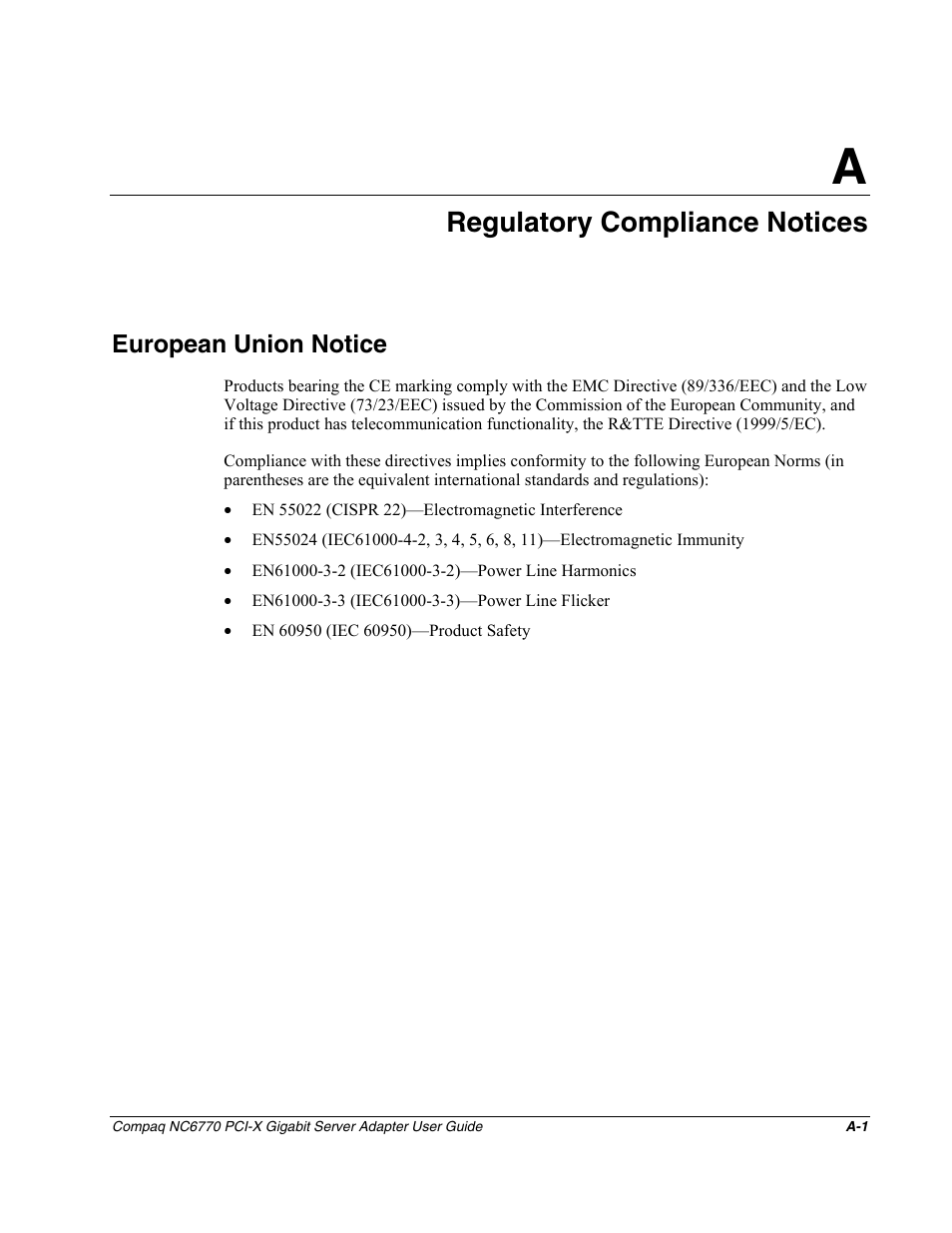 Appendix a: regulatory compliance notices, European union notice, Appendix a | Regulatory compliance notices | HP NC6770 PCI-X 1000-SX Server Adapter User Manual | Page 13 / 16
