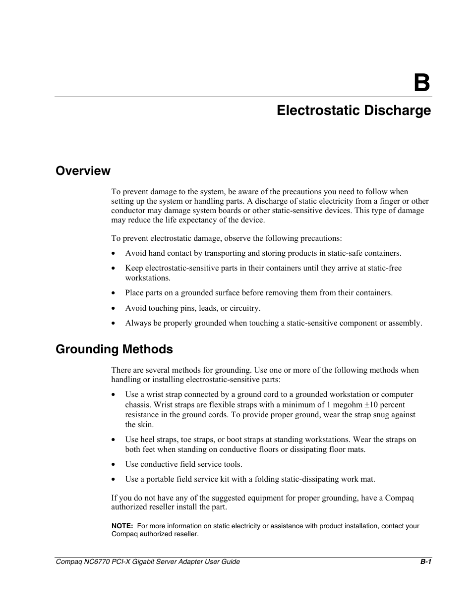 Appendix b: electrostatic discharge, Overview, Grounding methods | Appendix b, Electrostatic discharge | HP NC6770 PCI-X 1000-SX Server Adapter User Manual | Page 14 / 16