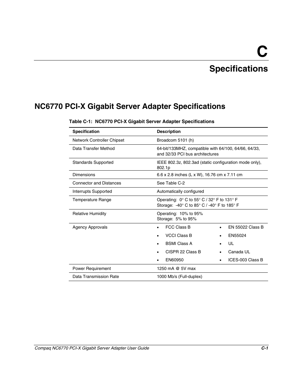Appendix c:specifications, Nc6770 pci-x gigabit server adapter specifications, Appendix c | Specifications | HP NC6770 PCI-X 1000-SX Server Adapter User Manual | Page 15 / 16