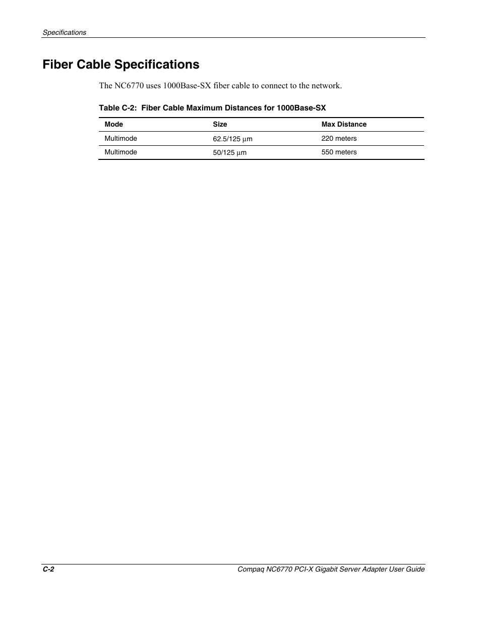 Fiber cable specifications | HP NC6770 PCI-X 1000-SX Server Adapter User Manual | Page 16 / 16