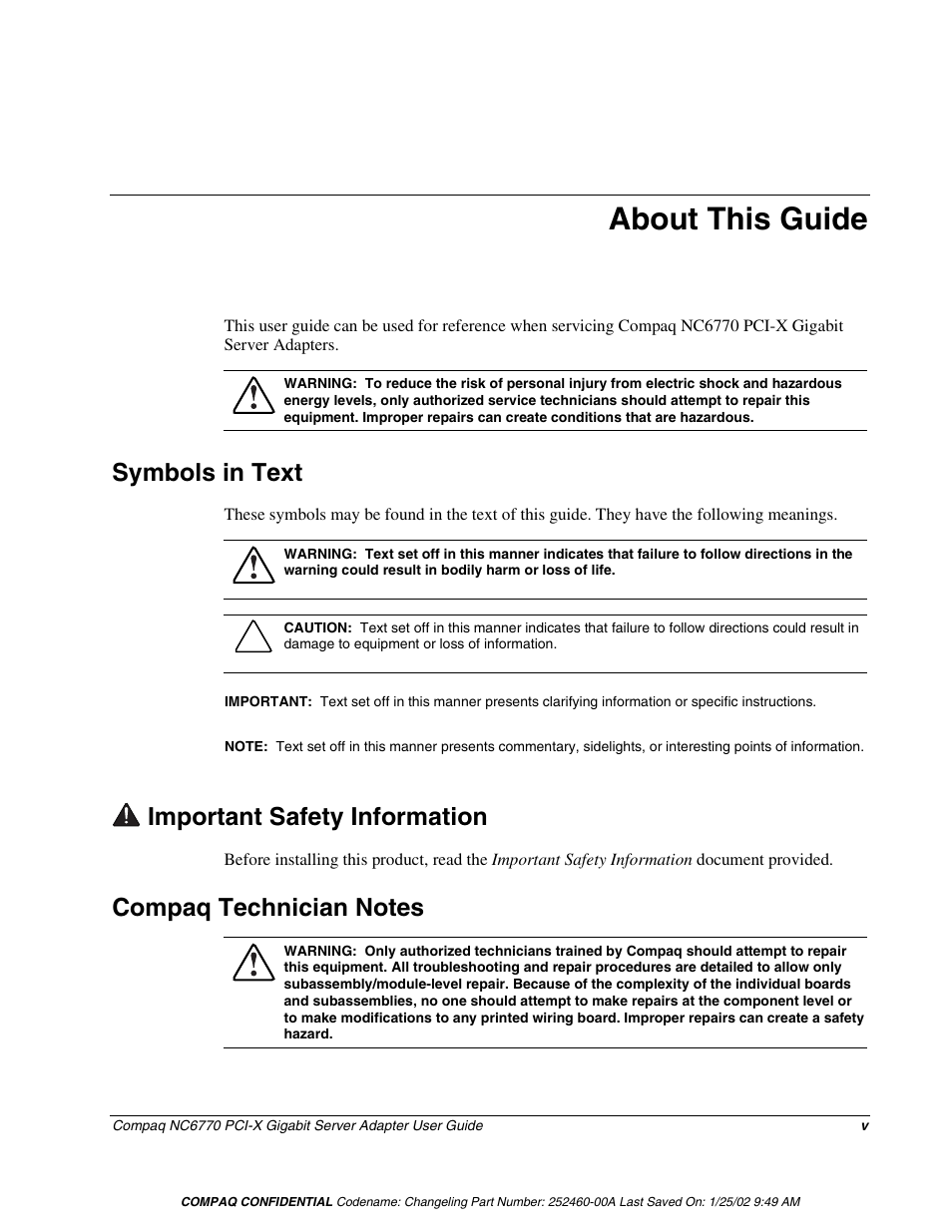 About this guide, Symbols in text, Important safety information | HP NC6770 PCI-X 1000-SX Server Adapter User Manual | Page 5 / 16