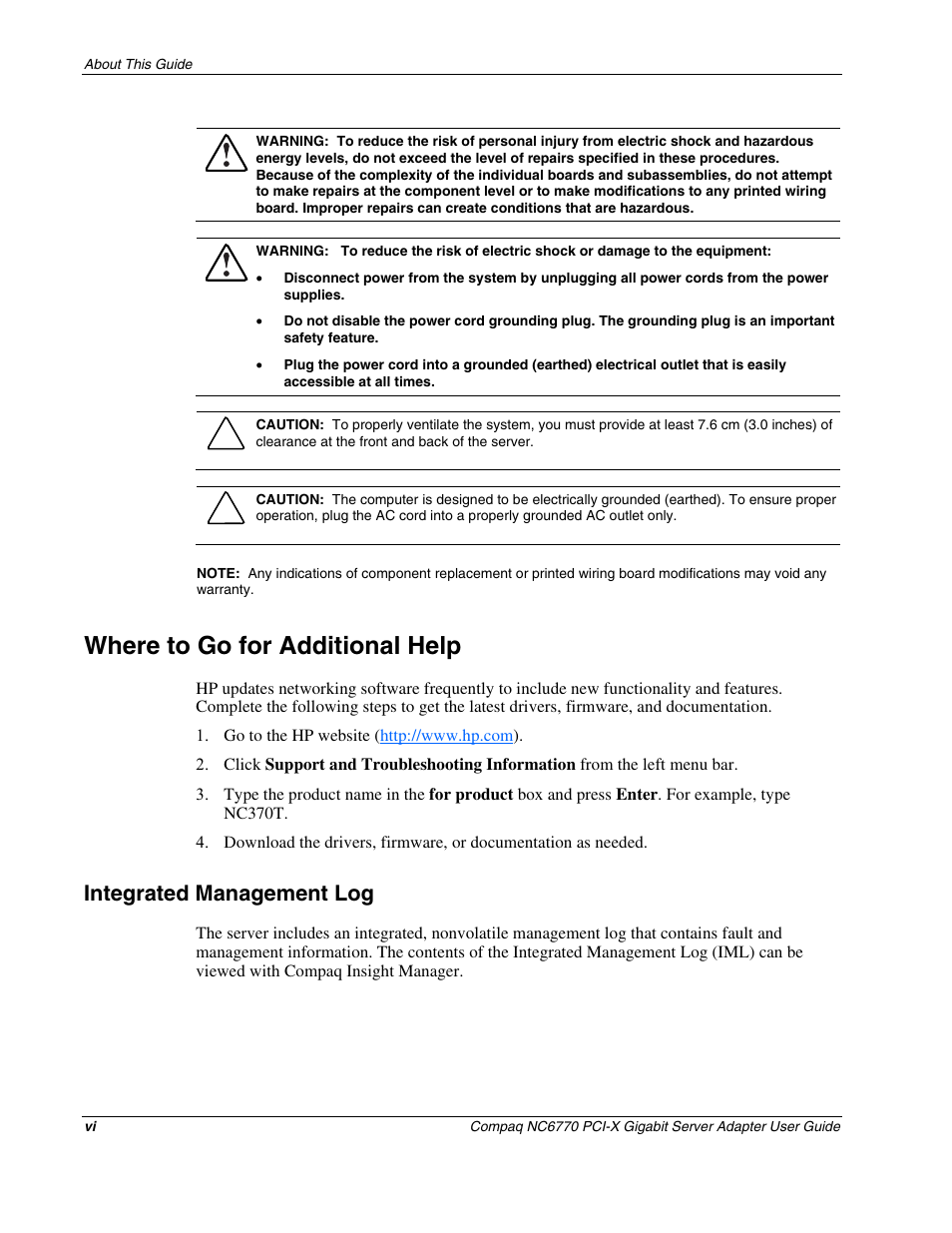 Where to go for additional help, Integrated management log | HP NC6770 PCI-X 1000-SX Server Adapter User Manual | Page 6 / 16