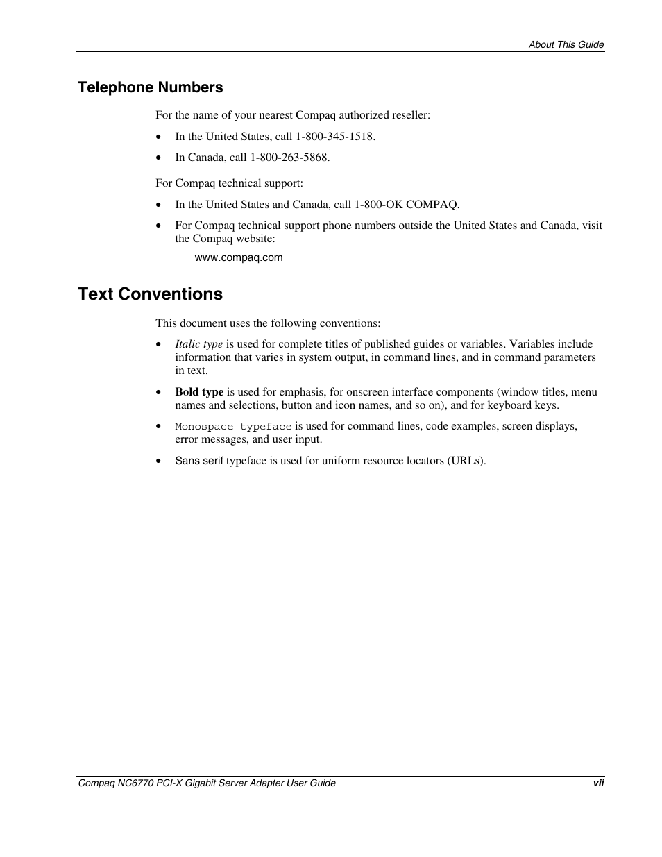 Telephone numbers, Text conventions | HP NC6770 PCI-X 1000-SX Server Adapter User Manual | Page 7 / 16