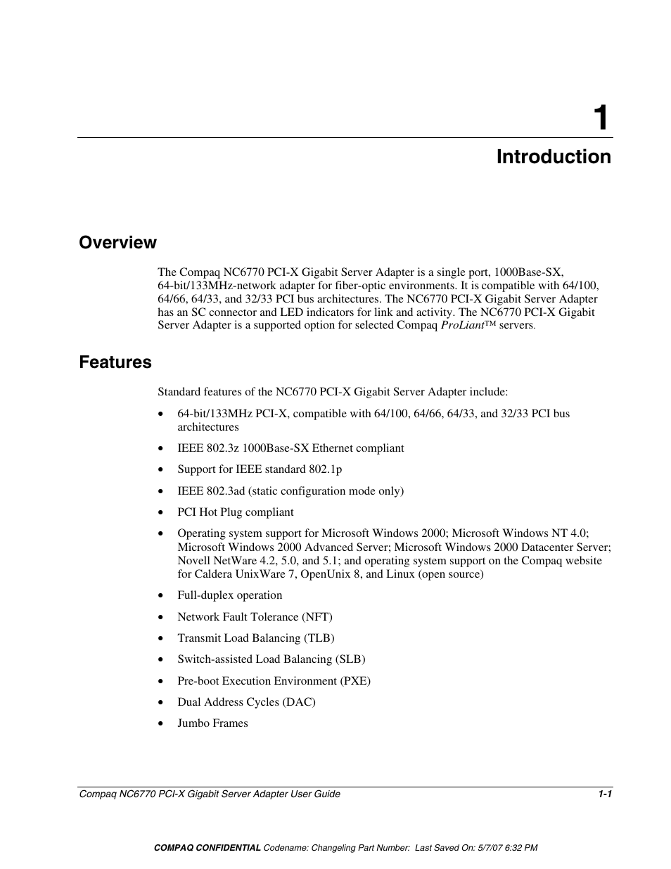 Chapter 1: introduction, Overview, Features | Chapter 1, Introduction, Overview -1 features -1 | HP NC6770 PCI-X 1000-SX Server Adapter User Manual | Page 8 / 16