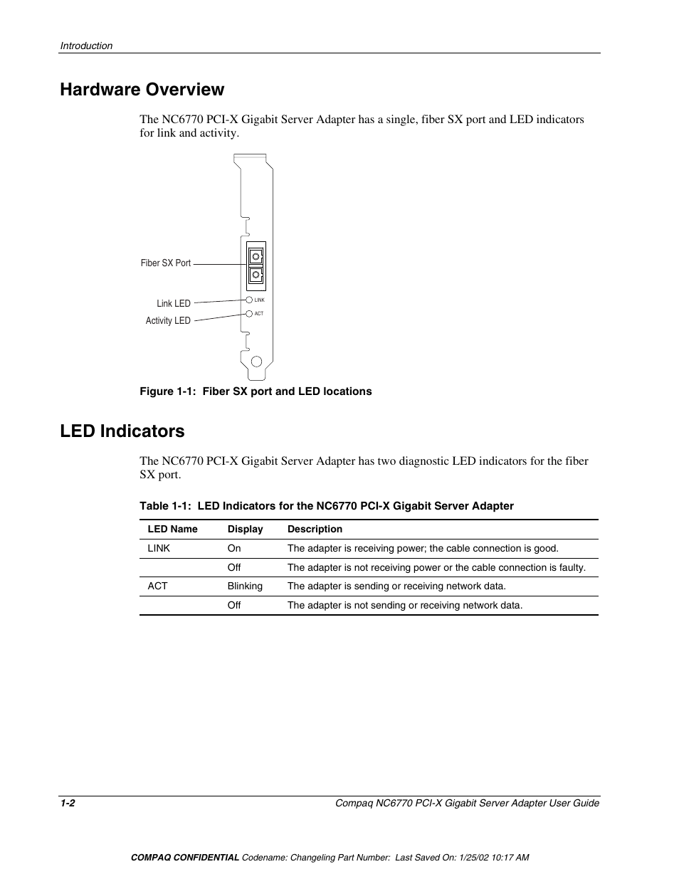Hardware overview, Led indicators, Hardware overview -2 led indicators -2 | HP NC6770 PCI-X 1000-SX Server Adapter User Manual | Page 9 / 16