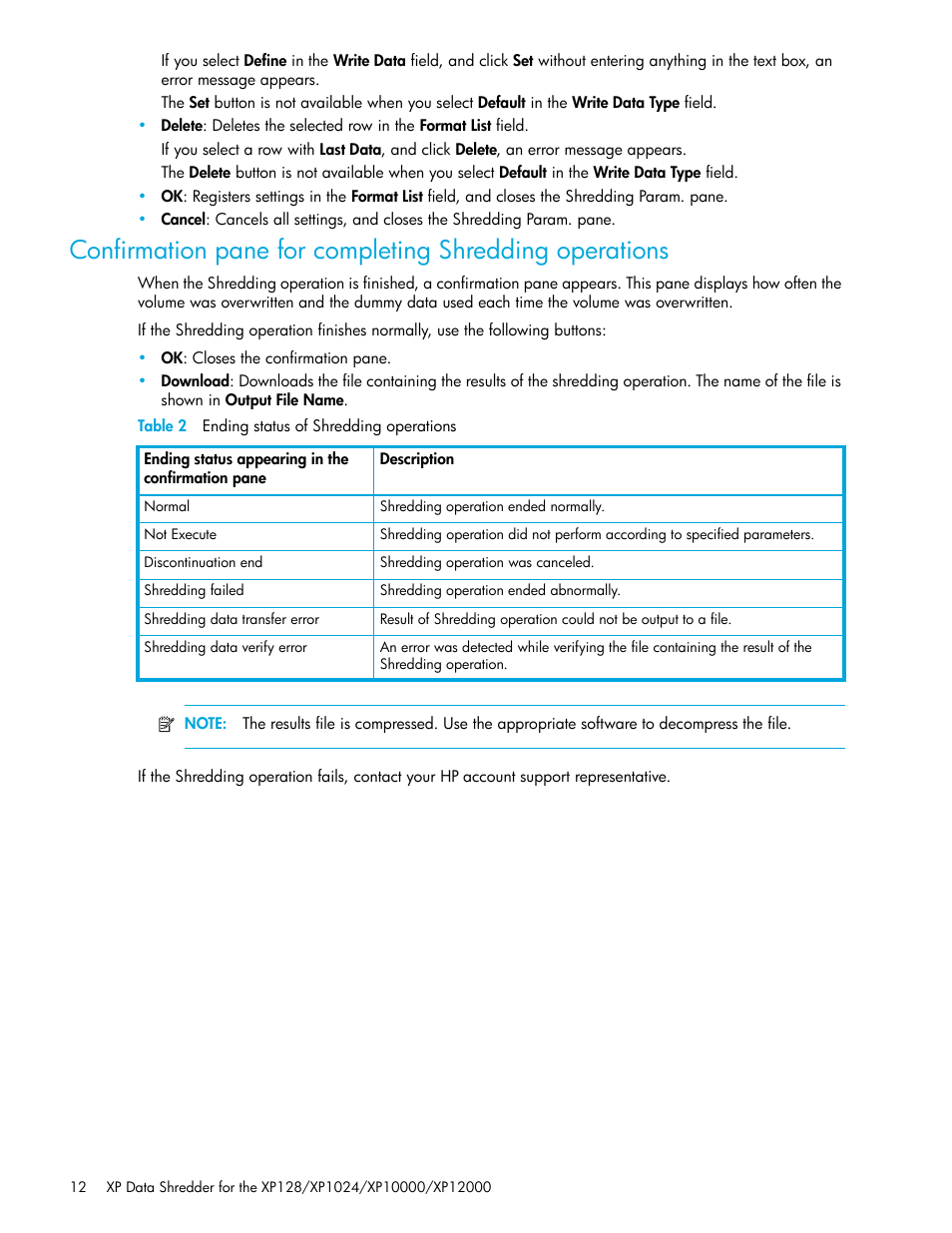 Table 2 ending status of shredding operations, 2 ending status of shredding operations | HP StorageWorks XP Remote Web Console Software User Manual | Page 12 / 18
