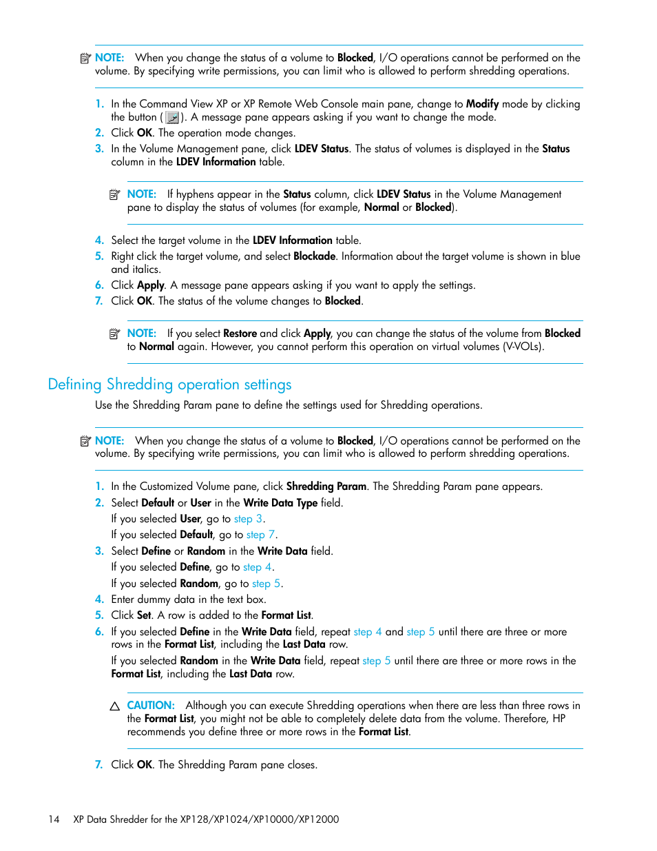 Defining shredding operation settings, Defining shredding operation, Settings | Defining, Shredding operation settings | HP StorageWorks XP Remote Web Console Software User Manual | Page 14 / 18