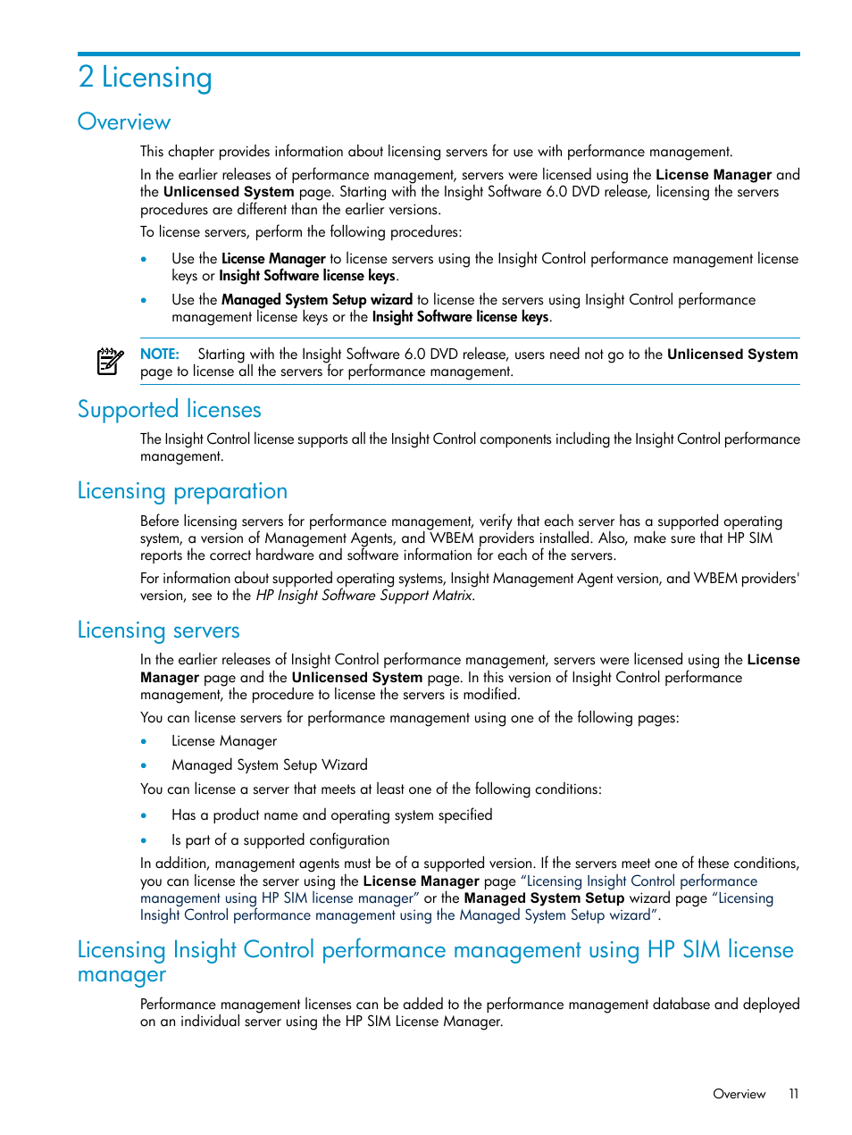 2 licensing, Overview, Supported licenses | Licensing preparation, Licensing servers | HP Insight Control User Manual | Page 11 / 79