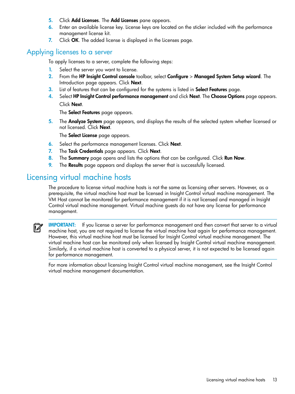 Applying licenses to a server, Licensing virtual machine hosts | HP Insight Control User Manual | Page 13 / 79