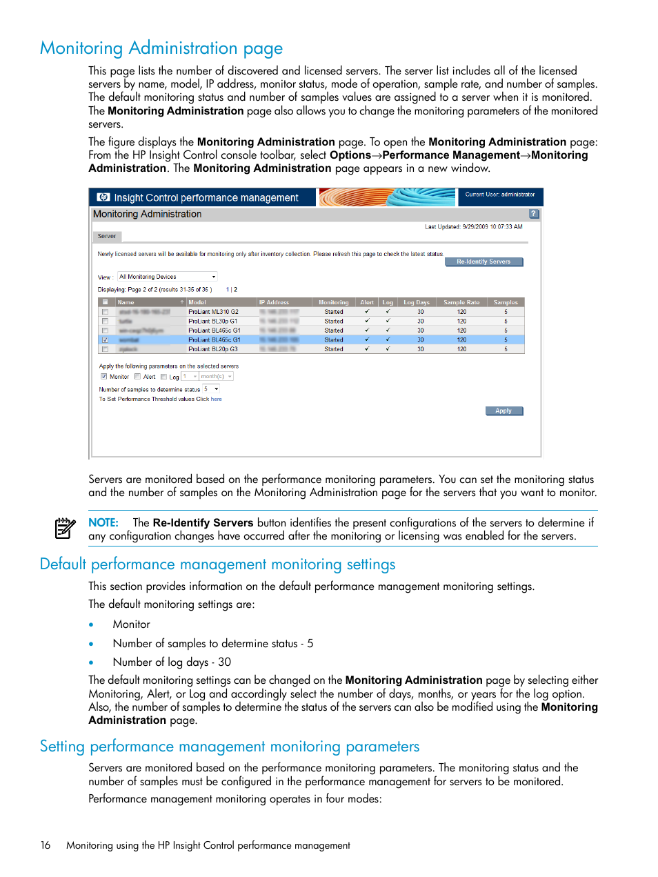 Default performance management monitoring settings, Monitoring administration page | HP Insight Control User Manual | Page 16 / 79