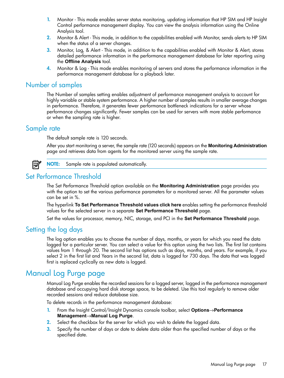Number of samples, Sample rate, Set performance threshold | Setting the log days, Manual log purge page | HP Insight Control User Manual | Page 17 / 79