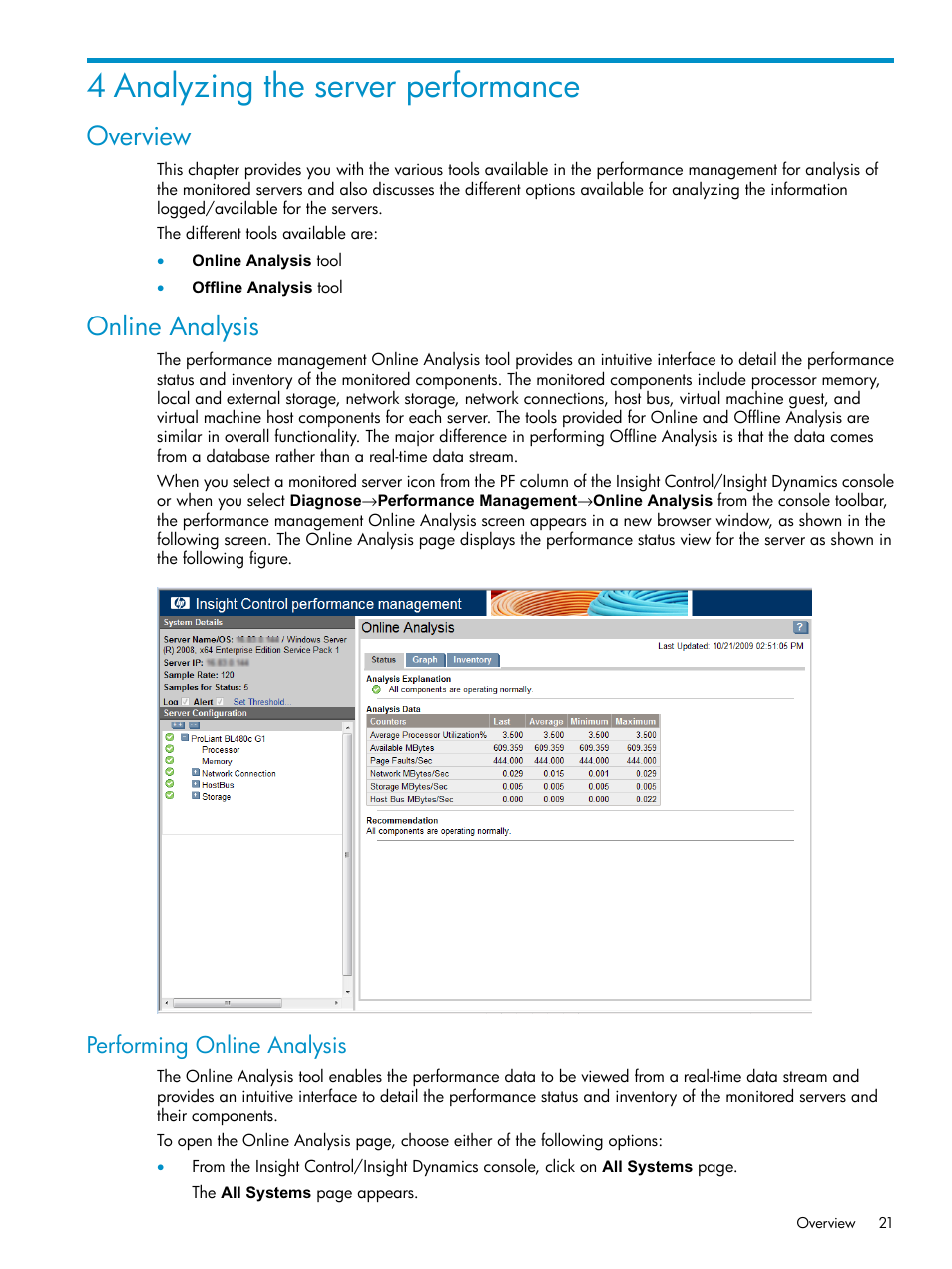 4 analyzing the server performance, Overview, Online analysis | Performing online analysis, Overview online analysis | HP Insight Control User Manual | Page 21 / 79