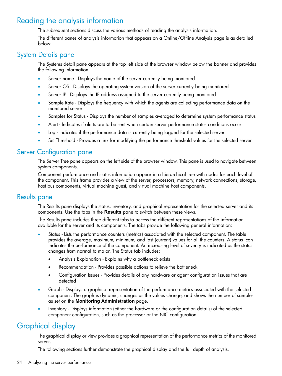 Reading the analysis information, System details pane, Server configuration pane | Results pane, Graphical display | HP Insight Control User Manual | Page 24 / 79