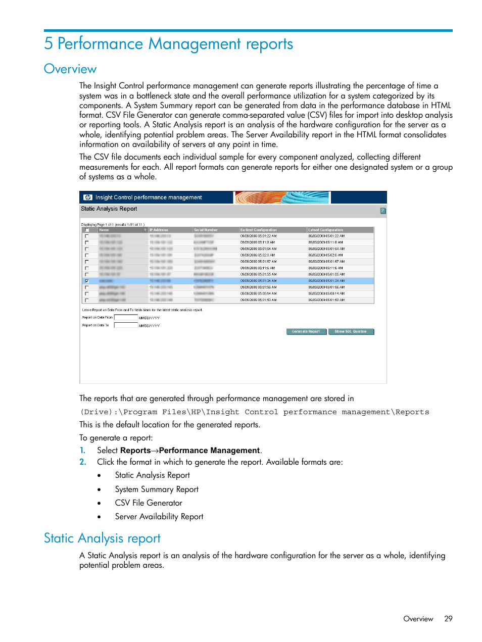 5 performance management reports, Overview, Static analysis report | Overview static analysis report | HP Insight Control User Manual | Page 29 / 79