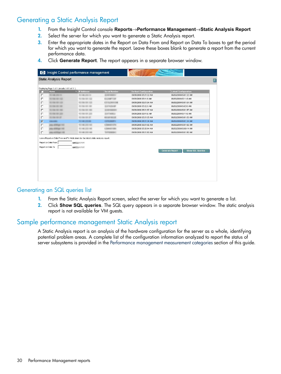 Generating a static analysis report, Generating an sql queries list | HP Insight Control User Manual | Page 30 / 79