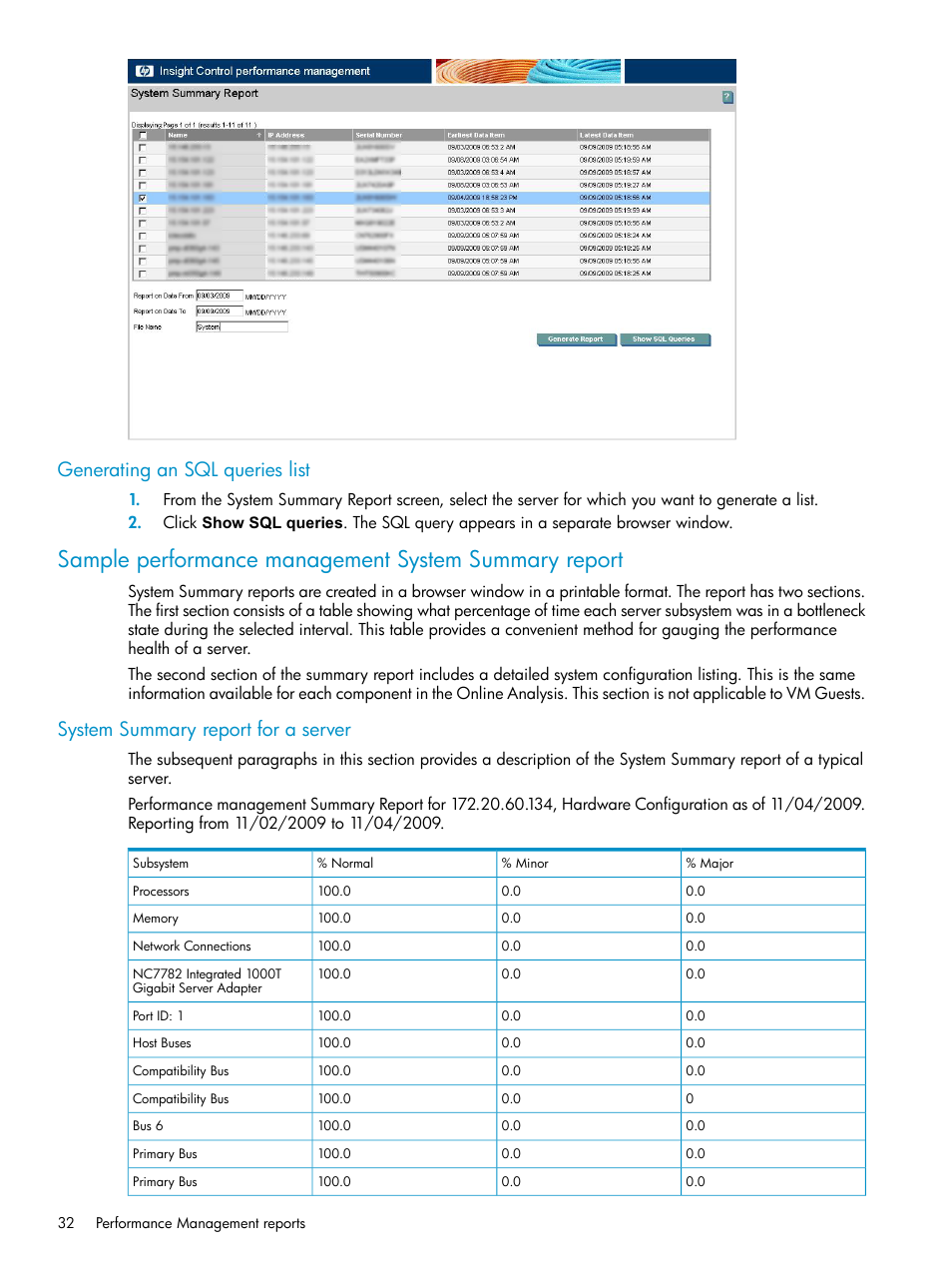 Generating an sql queries list, System summary report for a server | HP Insight Control User Manual | Page 32 / 79