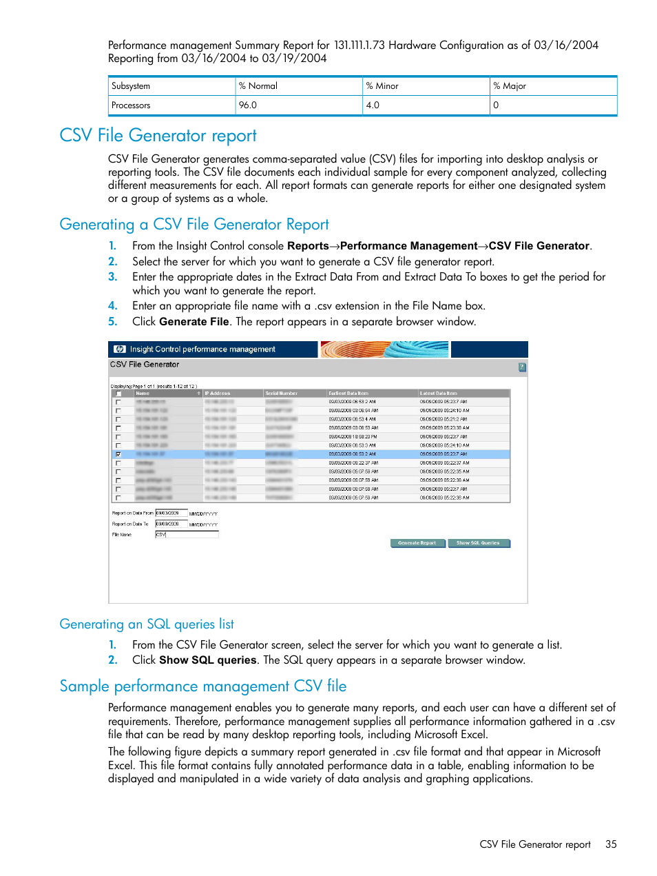 Csv file generator report, Generating a csv file generator report, Generating an sql queries list | Sample performance management csv file | HP Insight Control User Manual | Page 35 / 79