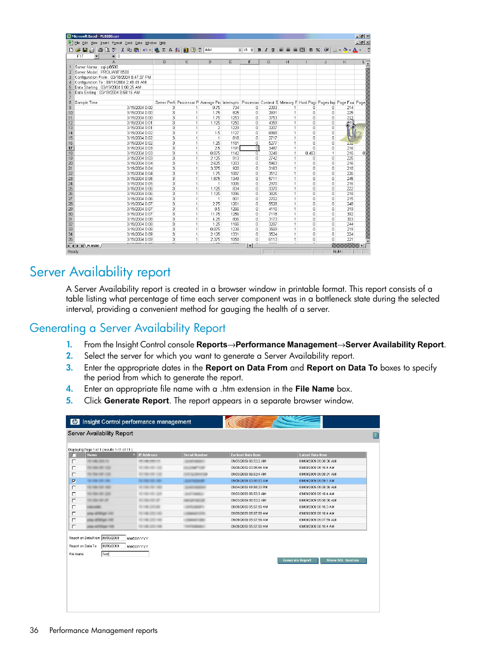 Server availability report, Generating a server availability report | HP Insight Control User Manual | Page 36 / 79