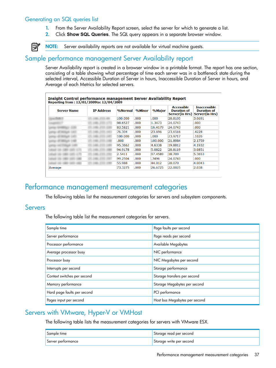 Generating an sql queries list, Performance management measurement categories, Servers | Servers with vmware, hyper-v or vmhost, Servers servers with vmware, hyper-v or vmhost | HP Insight Control User Manual | Page 37 / 79