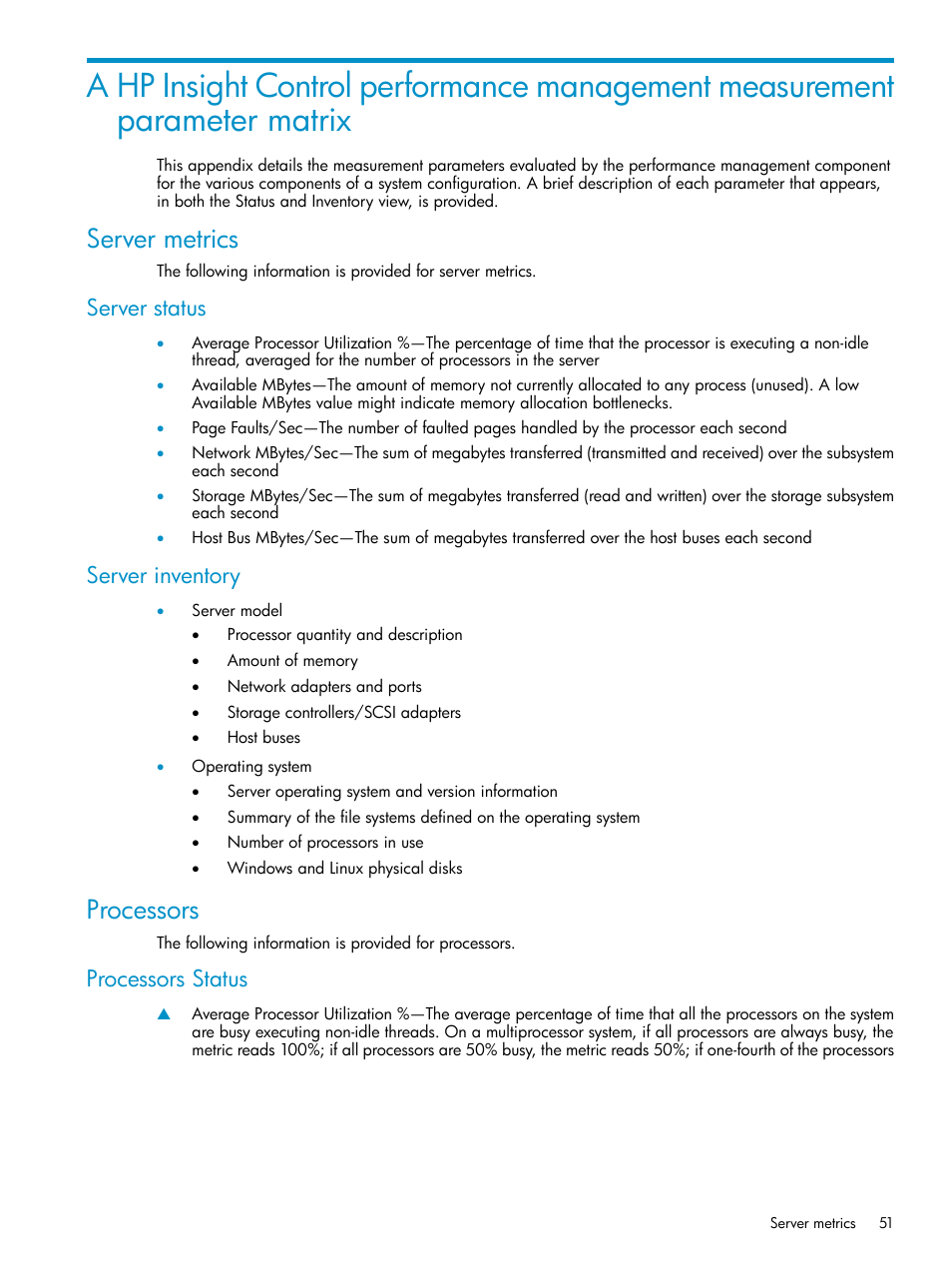 Server metrics, Server status, Server inventory | Processors, Processors status, Server status server inventory | HP Insight Control User Manual | Page 51 / 79