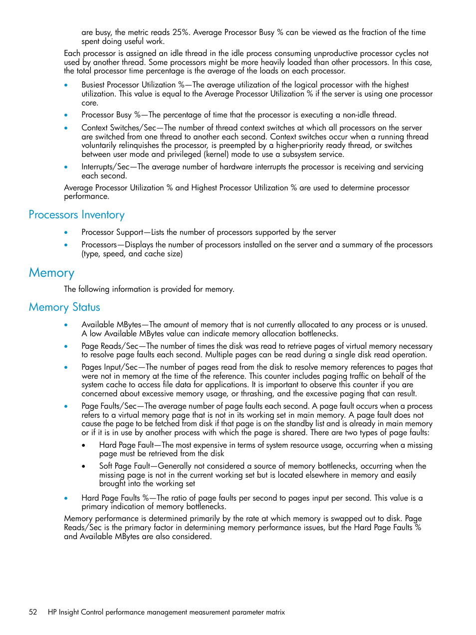 Processors inventory, Memory, Memory status | HP Insight Control User Manual | Page 52 / 79