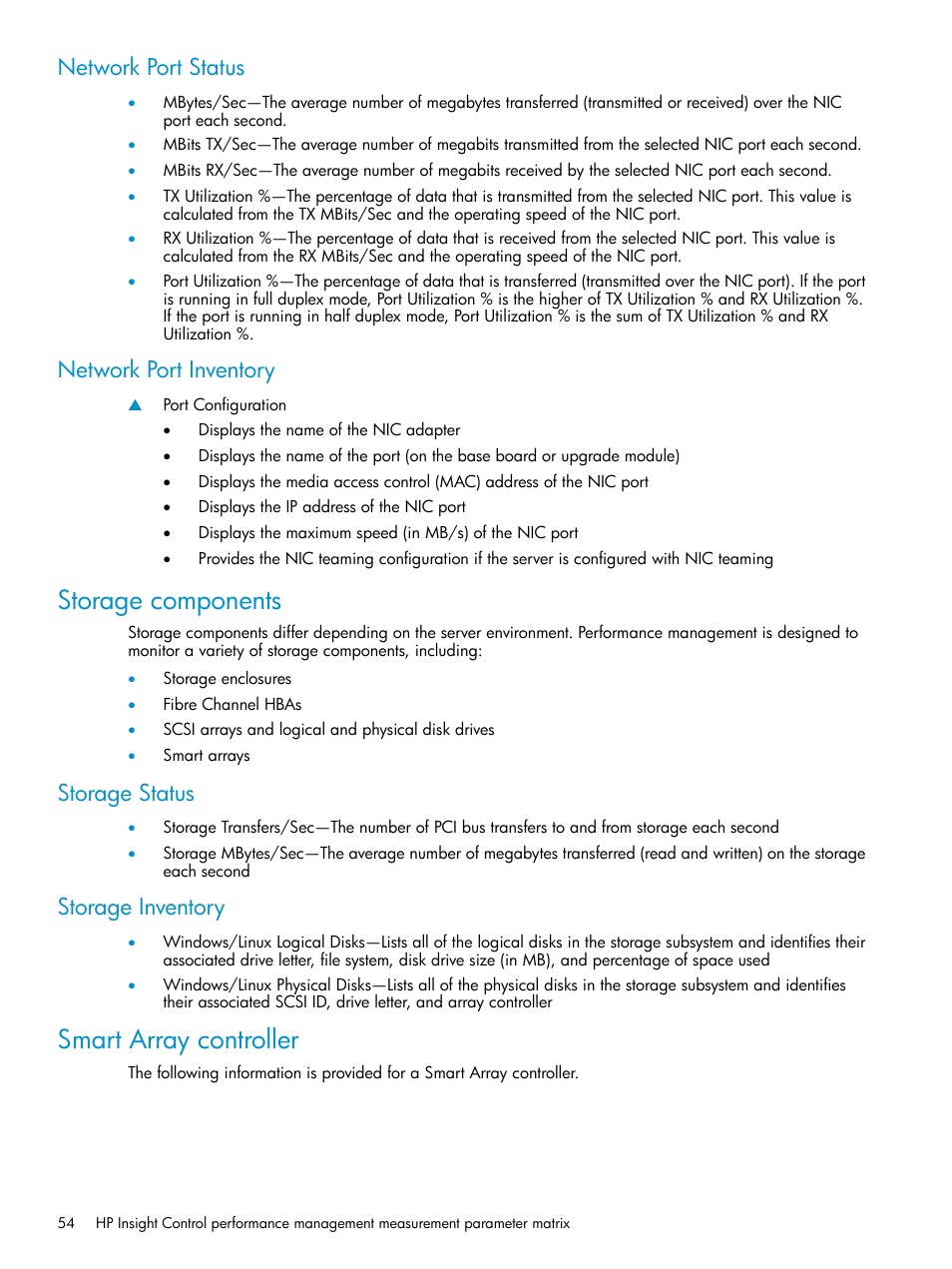 Network port status, Network port inventory, Storage components | Storage status, Storage inventory, Smart array controller, Network port status network port inventory, Storage status storage inventory | HP Insight Control User Manual | Page 54 / 79