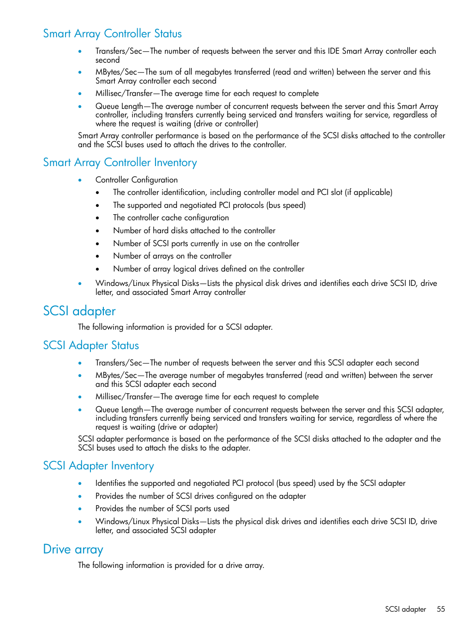 Smart array controller status, Smart array controller inventory, Scsi adapter | Scsi adapter status, Scsi adapter inventory, Drive array, Scsi adapter status scsi adapter inventory | HP Insight Control User Manual | Page 55 / 79