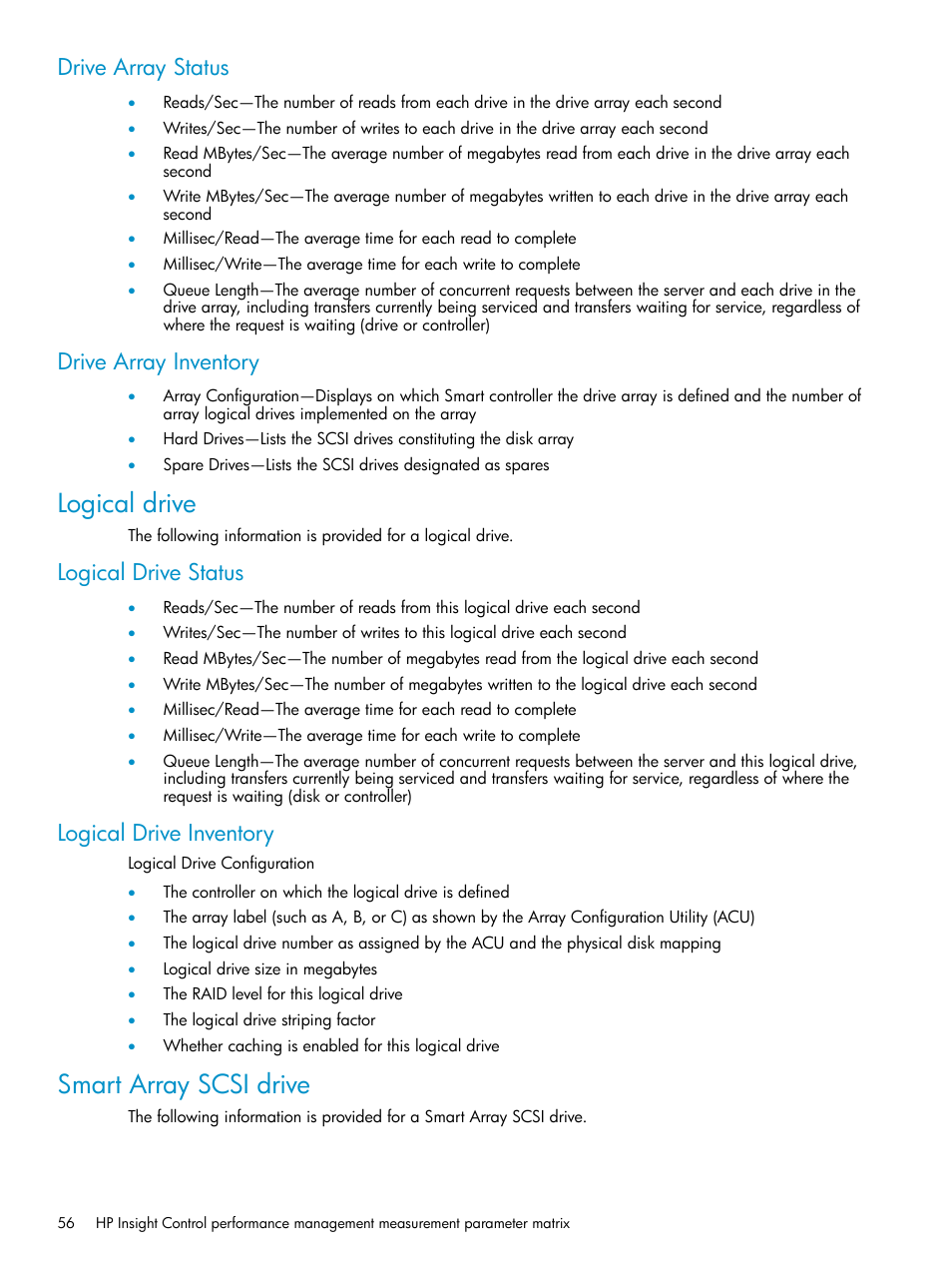 Drive array status, Drive array inventory, Logical drive | Logical drive status, Logical drive inventory, Smart array scsi drive, Drive array status drive array inventory, Logical drive status logical drive inventory | HP Insight Control User Manual | Page 56 / 79