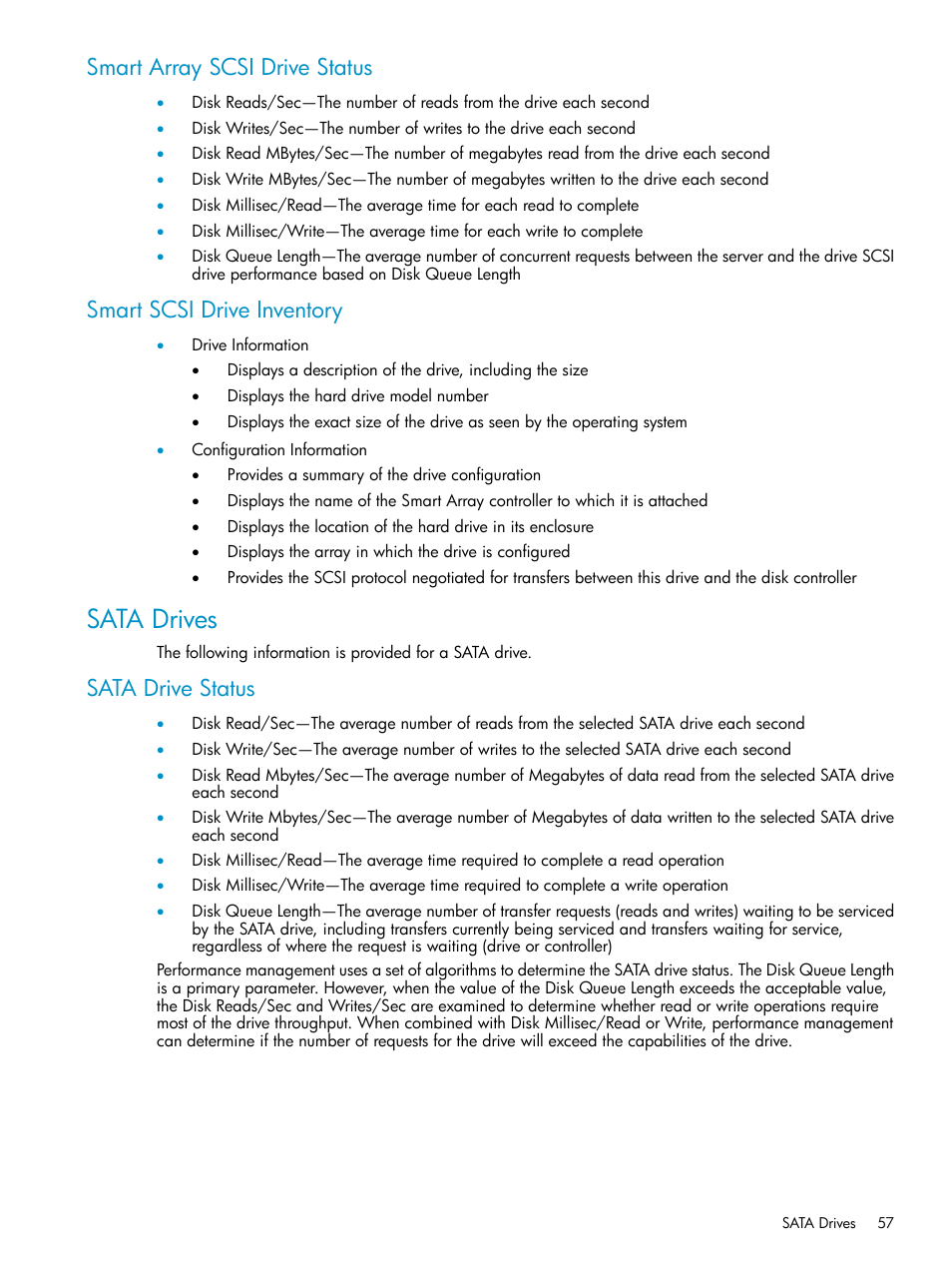 Smart array scsi drive status, Smart scsi drive inventory, Sata drives | Sata drive status | HP Insight Control User Manual | Page 57 / 79