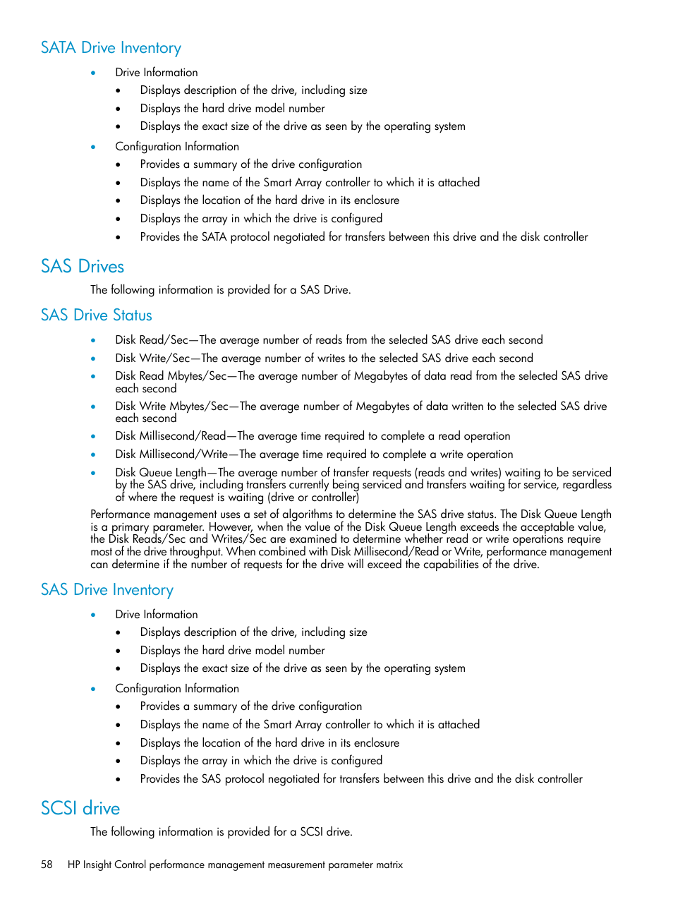 Sata drive inventory, Sas drives, Sas drive status | Sas drive inventory, Scsi drive, Sas drive status sas drive inventory | HP Insight Control User Manual | Page 58 / 79