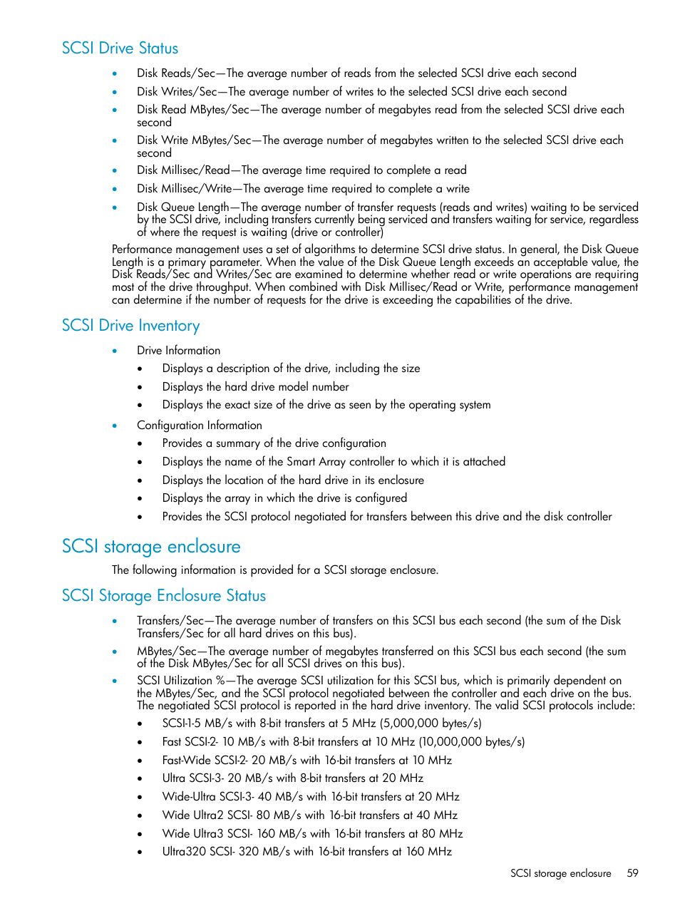 Scsi drive status, Scsi drive inventory, Scsi storage enclosure | Scsi storage enclosure status, Scsi drive status scsi drive inventory | HP Insight Control User Manual | Page 59 / 79