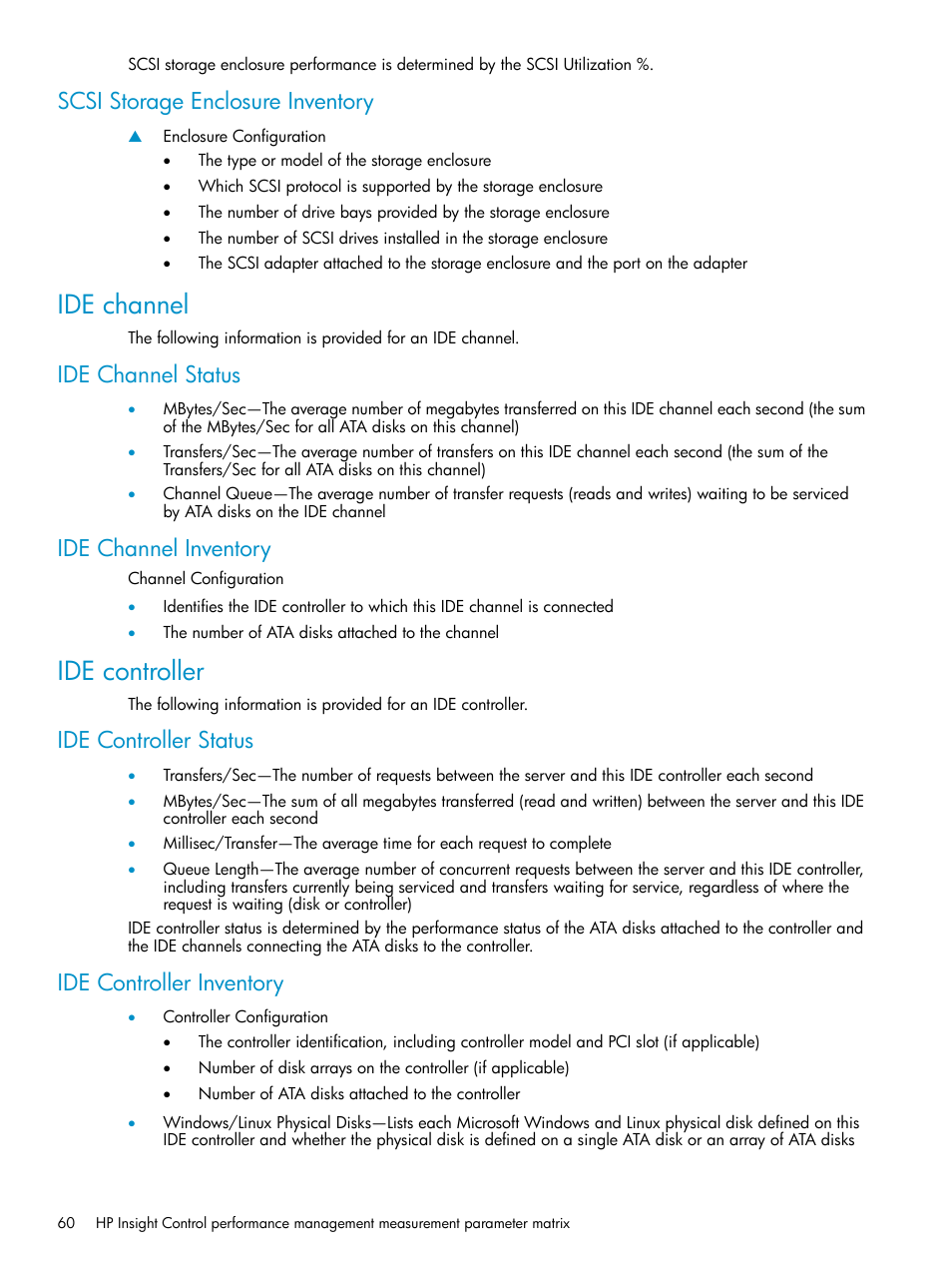 Scsi storage enclosure inventory, Ide channel, Ide channel status | Ide channel inventory, Ide controller, Ide controller status, Ide controller inventory, Ide channel status ide channel inventory, Ide controller status ide controller inventory | HP Insight Control User Manual | Page 60 / 79