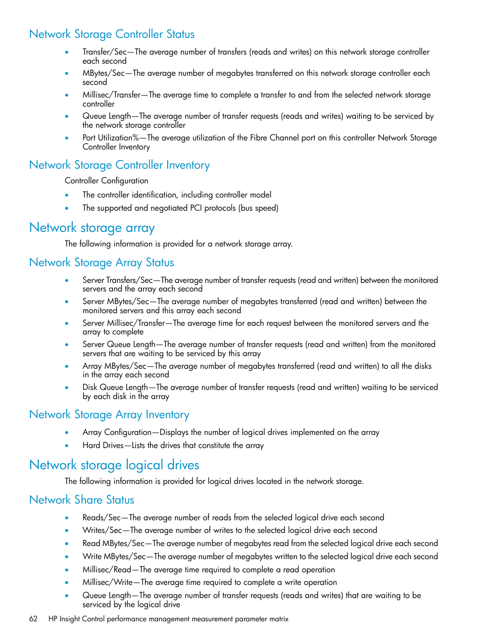 Network storage controller status, Network storage controller inventory, Network storage array | Network storage array status, Network storage array inventory, Network storage logical drives, Network share status | HP Insight Control User Manual | Page 62 / 79