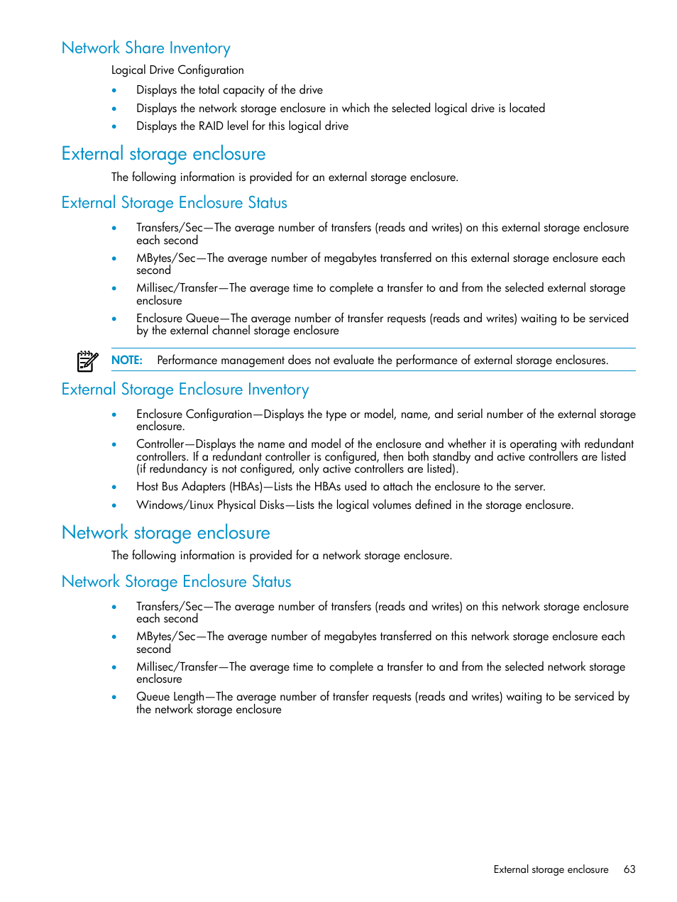 Network share inventory, External storage enclosure, External storage enclosure status | External storage enclosure inventory, Network storage enclosure, Network storage enclosure status | HP Insight Control User Manual | Page 63 / 79