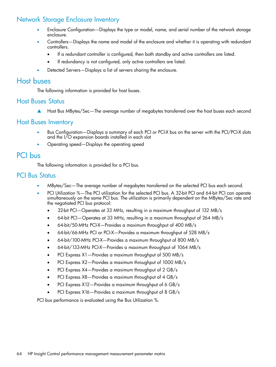 Network storage enclosure inventory, Host buses, Host buses status | Host buses inventory, Pci bus, Pci bus status, Host buses status host buses inventory | HP Insight Control User Manual | Page 64 / 79