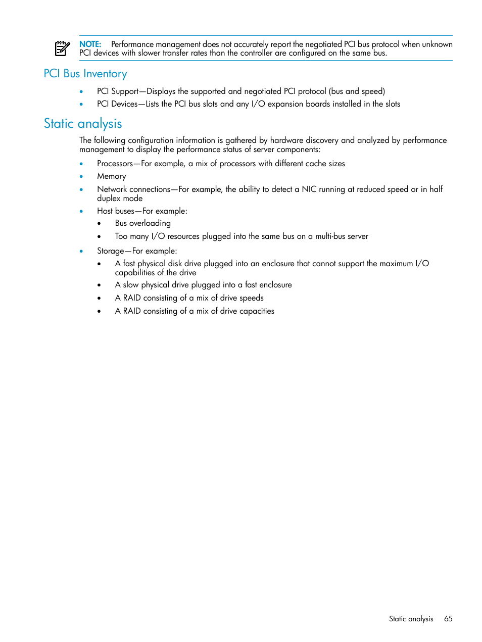 Pci bus inventory, Static analysis | HP Insight Control User Manual | Page 65 / 79